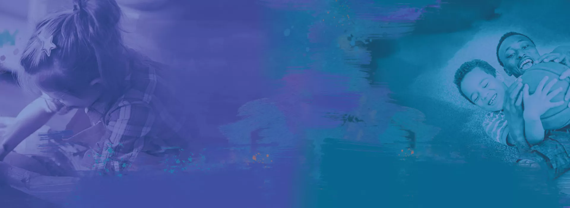 Photos of person at pottery wheel and man and boy playing basketball with blue, green, and purple color splashes
