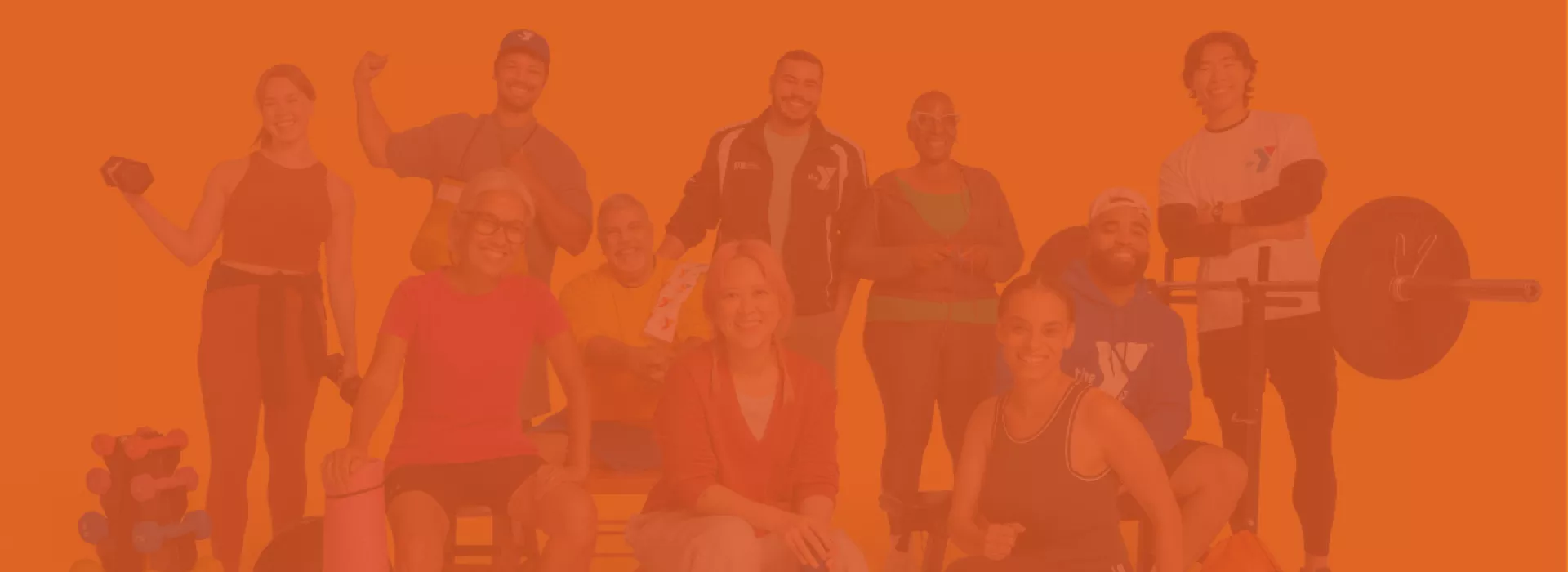 Group of diverse people demonstrating a variety of fitness options on an orange background